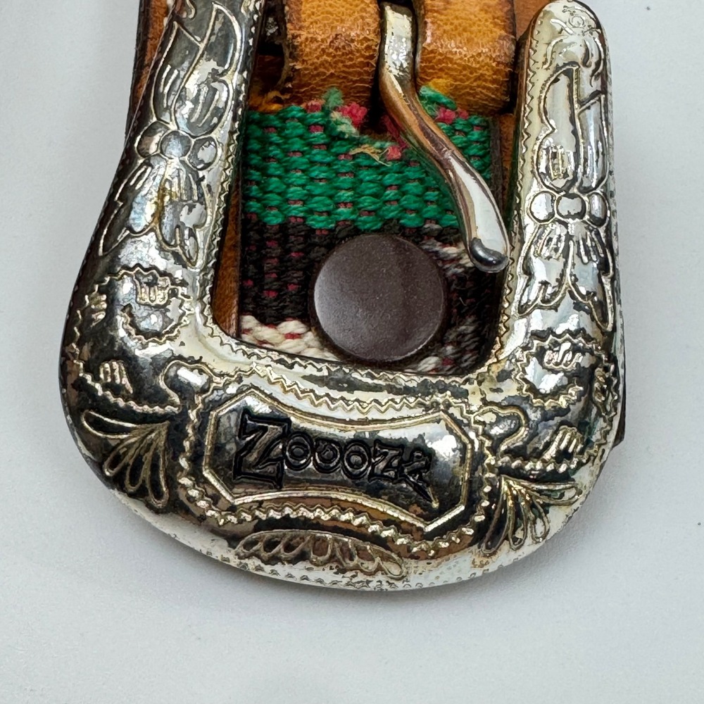 Vintage Nocona Leather Belt 33 Western Tooled Woven Inlay Silver Buckle colorful - Picture 3 of 8